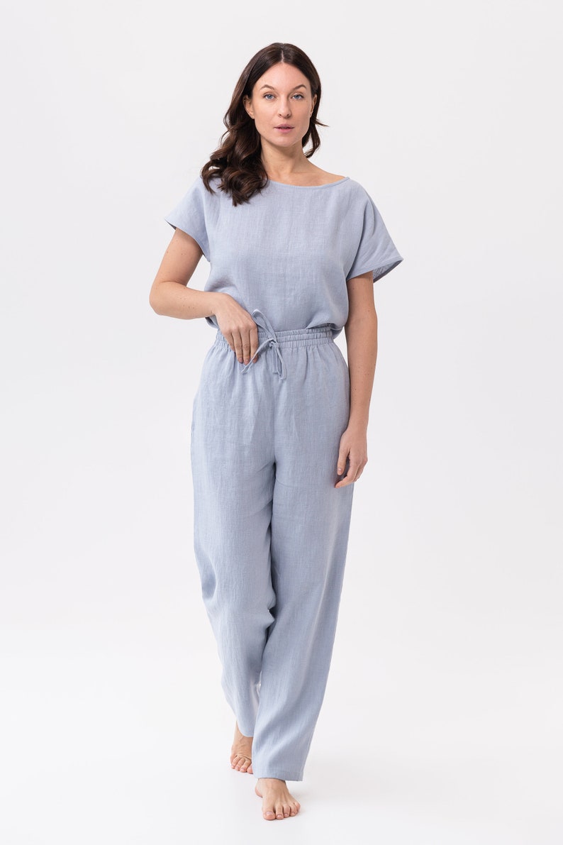 Natural Linen Pajama set / Cloudy Grey Stripe linen / Linen loungewear / Linen sleepwear image 5