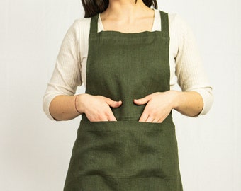 Delantal de lino con lazos en verde musgo, delantal suavizado con bolsillos, delantal unisex para cocina, para exterior, delantal clásico