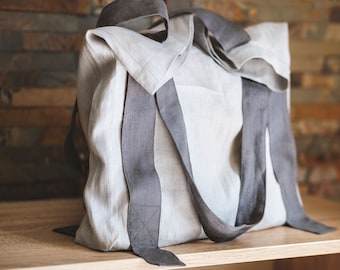 Light Grey Linen Bag with Grey Stylish Details, Linen Beach Bag, Natural Tote Bag, Handmade Shopping Bag, Reusable Eco Grocery Bag