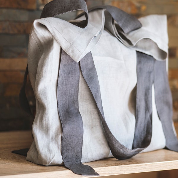 Borsa in lino grigio chiaro con dettagli eleganti grigi, borsa da spiaggia in lino, borsa tote naturale, borsa per la spesa fatta a mano, borsa della spesa ecologica riutilizzabile