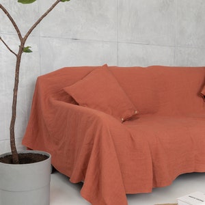 Reddish Brown Linen Couch Cover, Softened Linen Couch Throw, Linen Bedspread, Slipcover, Bed cover, Large Sofa Cover, Custom size slipcover image 2