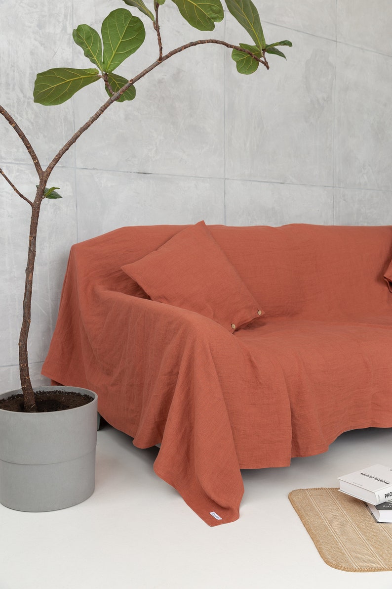 Reddish Brown Linen Couch Cover, Softened Linen Couch Throw, Linen Bedspread, Slipcover, Bed cover, Large Sofa Cover, Custom size slipcover image 2