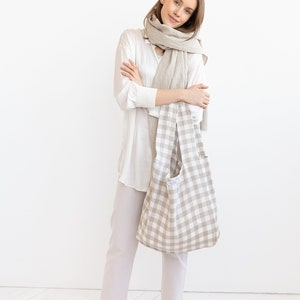 Bolso tote de lino con asas anchas en cheque natural y blanco, bolso de compras de lino natural con bolsillo interior
