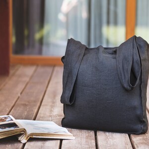 Black Linen Tote Bag with Wide Handles, Natural Linen Shopping Bag with Inside Pocket