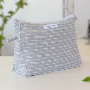 Large linen cosmetic bag with zip-fastener, linen makeup bag, toiletry storage, makeup organizer handmade from cloudy grey stripe linen