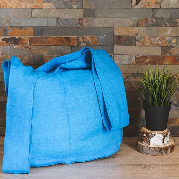 Sky Blue Linen Bag with Wide Handles, Natural Linen Shopping Bag with Inside Pocket, Tote Bag with Wide Handles