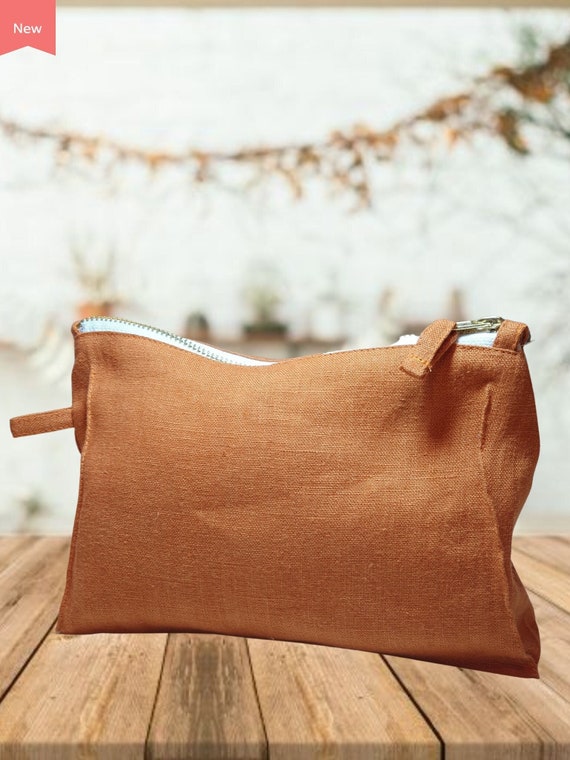 Light Chestnut Linen Pouch Makeup Bag With Zipper Pochette 