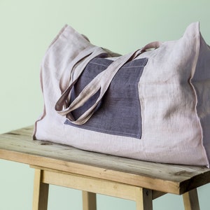 Softened Linen Tote Bag, Natural Lightweight Linen Beach Bag with Pocket, 54x35x17 cm, Eco Reusable Bag, Various colors