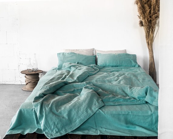 Linen Zipper Bedding Set in Greyish Mint 3 Piece. Includes Duvet Cover Flat Bed Sheet and Pillowcases. Double Queen King Custom Size Etsy Canada