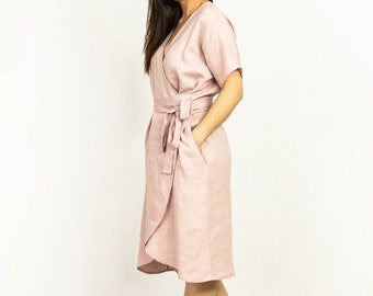 Robe portefeuille en lin, Robe d'été, Robe ample en lin, Robe de maternité en lin, Kimono à col en V