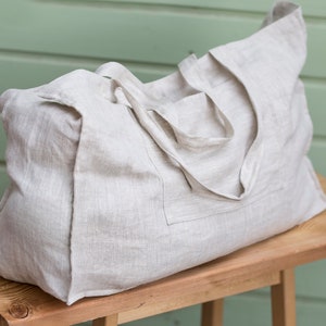 Natural Light Linen Tote Bag with Pocket by Linen Couture, 54x35x17 cm, Linen Beach Bag, Eco Reusable Bag, Various colors