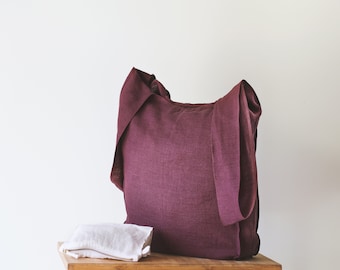 Dark Plum Linen Bag with Wide Handles, Natural Linen Shopping Bag with Inside Pocket