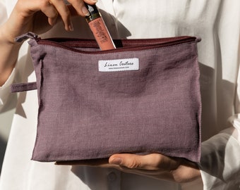 Pastel Plum Linen Large Makeup Bag with Zipper, Zip Pouch, Linen Pochette, Cosmetic Bag, Handmade Toiletry Bag, Linen Dopp Kit, Accessories