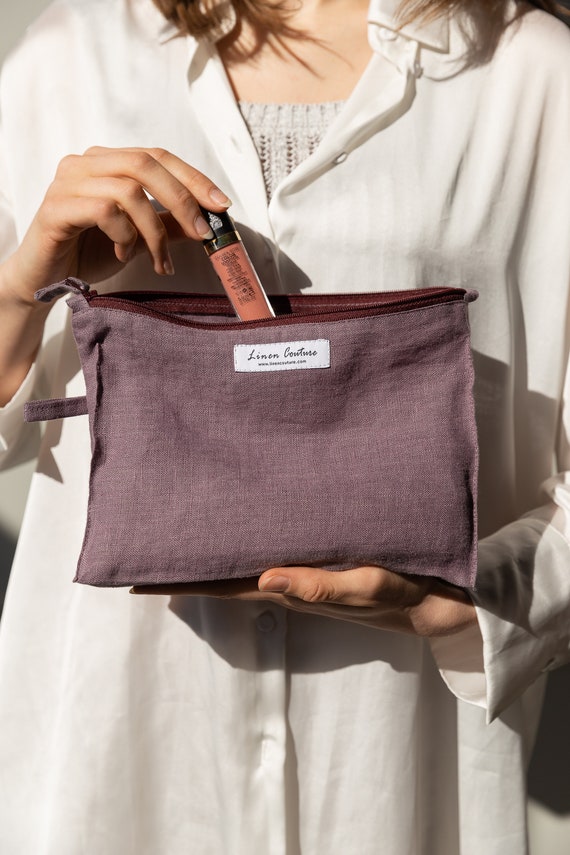 Pastel Plum Linen Large Makeup Bag With Zipper Zip Pouch 