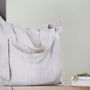 Natural light Linen Bag with Stylish Details, Linen Beach Bag, Natural Tote Bag, Handmade Shopping Bag, Reusable Eco Grocery Bag