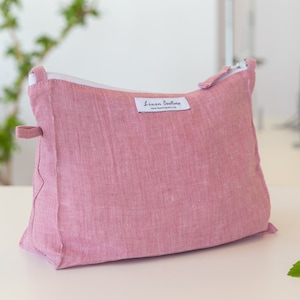 Grande trousse à cosmétiques en lin avec fermeture à glissière, trousse de maquillage en lin, rangement pour articles de toilette, organiseur de maquillage fait main à partir de lin bordeaux mélangé