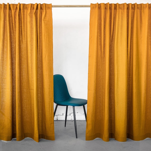 55 in/140 cm Wide, Mustard Linen Curtain & Drape with multi-functional heading tape, Custom curtain panel, Extra Long Curtain Panel