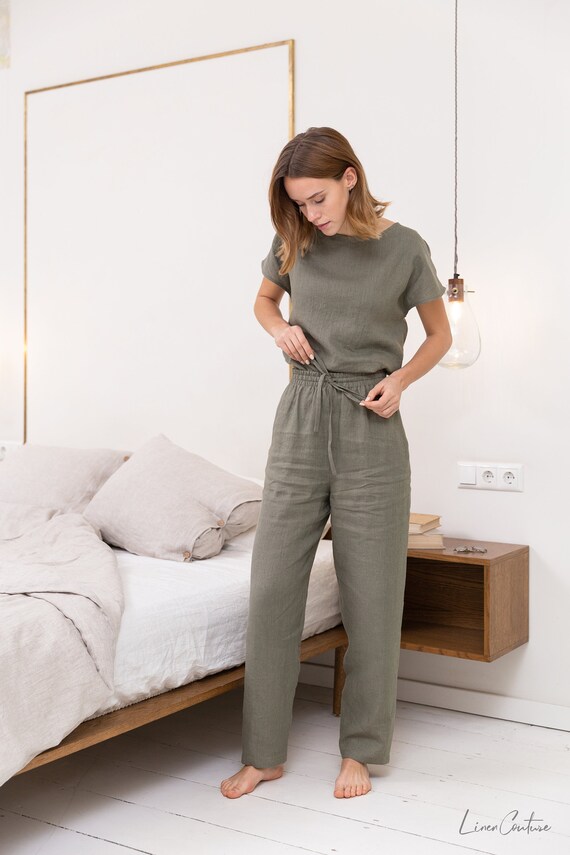 Natural Linen Pajama Set Safari Green Linen Linen Loungewear Linen Sleepwear Etsy UK