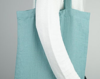 Greyish Mint Linen tote bag, Natural Shopping bag, Linen Shoulder Bag, Minimalist Eco Reusable Grocery Bag, 32x37 cm (12,5in x 14,5in)