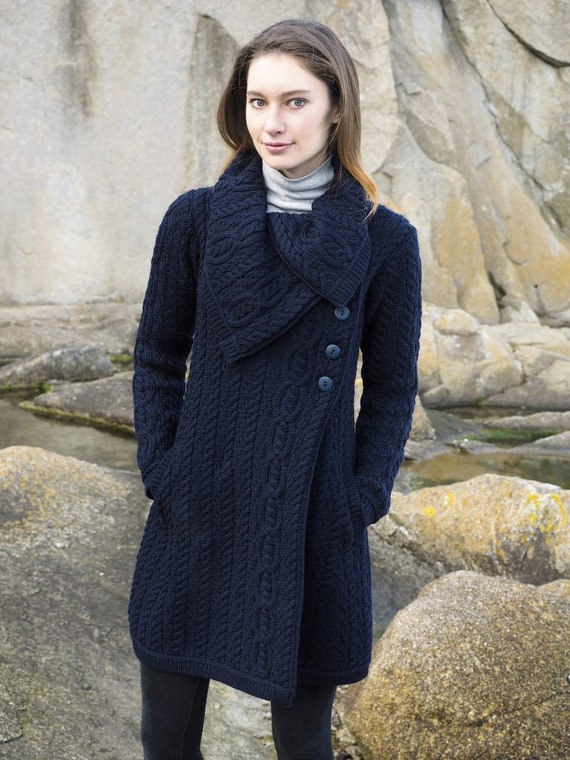 Aran Crafts Chunky Collar Navy Coat 100% MERINOO WOOL - Etsy