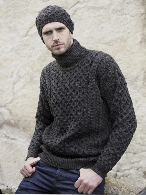 Aran Merino Polo Neck Unisex Sweater 100% MERINO WOOL 