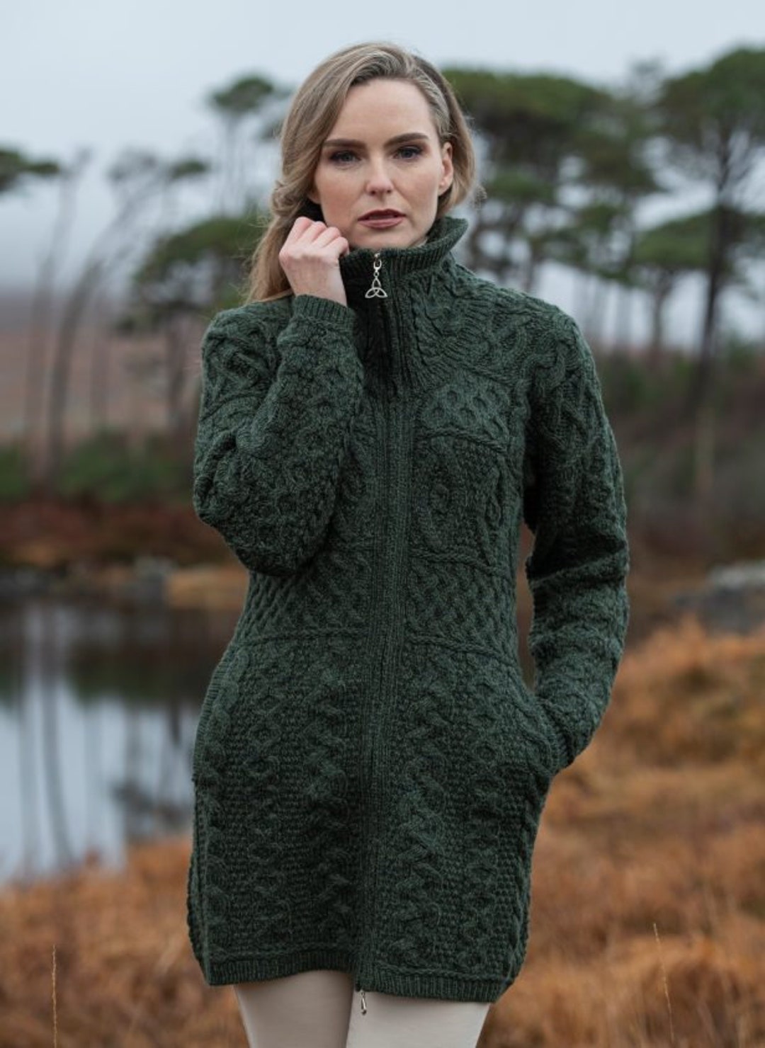 Green Double Collar Sweater Coat Aran Crafts 100 MERINOO WOOL Etsy Australia
