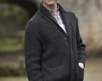 Aran Crafts Ribbed Gents Charcoal Cardigan 100% MERINO WOOL!!!!