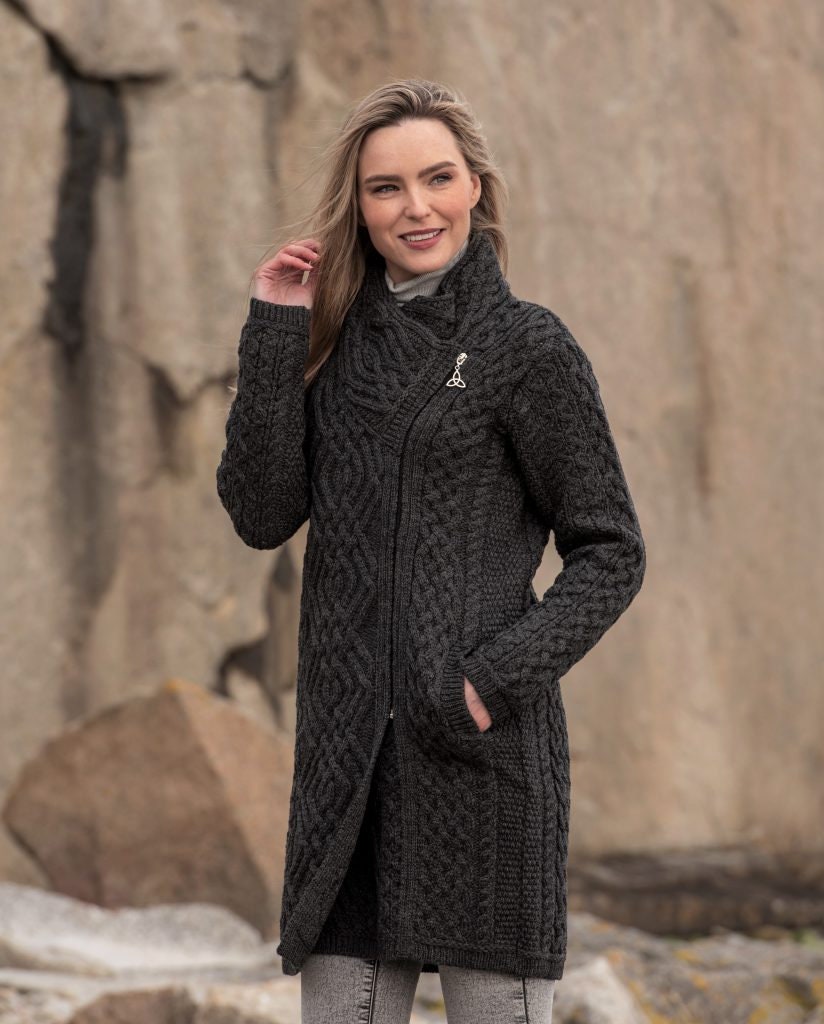 Aran Crafts Women's 100% Merino Wool Hooded Cable Knit Coat - Irish Heritage Long Coat With Side Zip