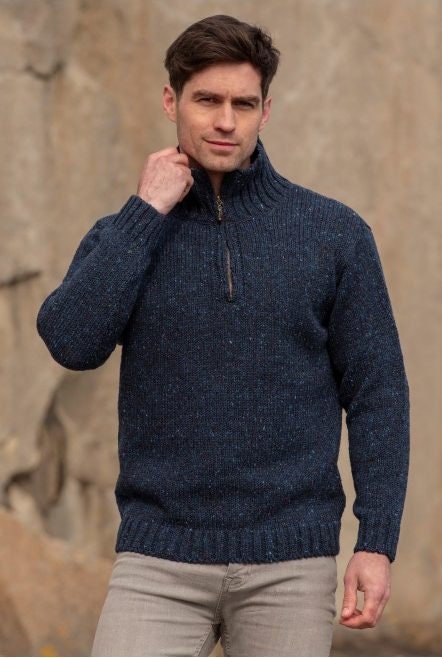 Aran Sweater/ocean Blue /jumper/pullover Half Zip/ Irish - Etsy