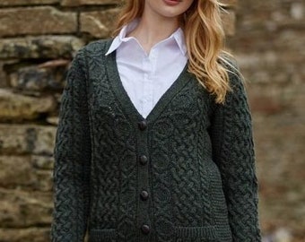 Aran Boyfriend Green Merino Wool Cardigan - 100% MERINOO WOOL!!!