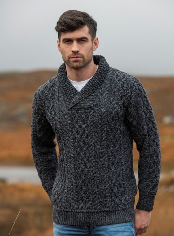 Aran Crafts Bunratty Charcoal Collar Sweater - Etsy