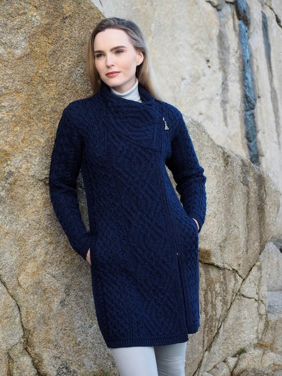 Aran Crafts Midnight Blue Cable Knit Side Zip Coat 100% - Etsy