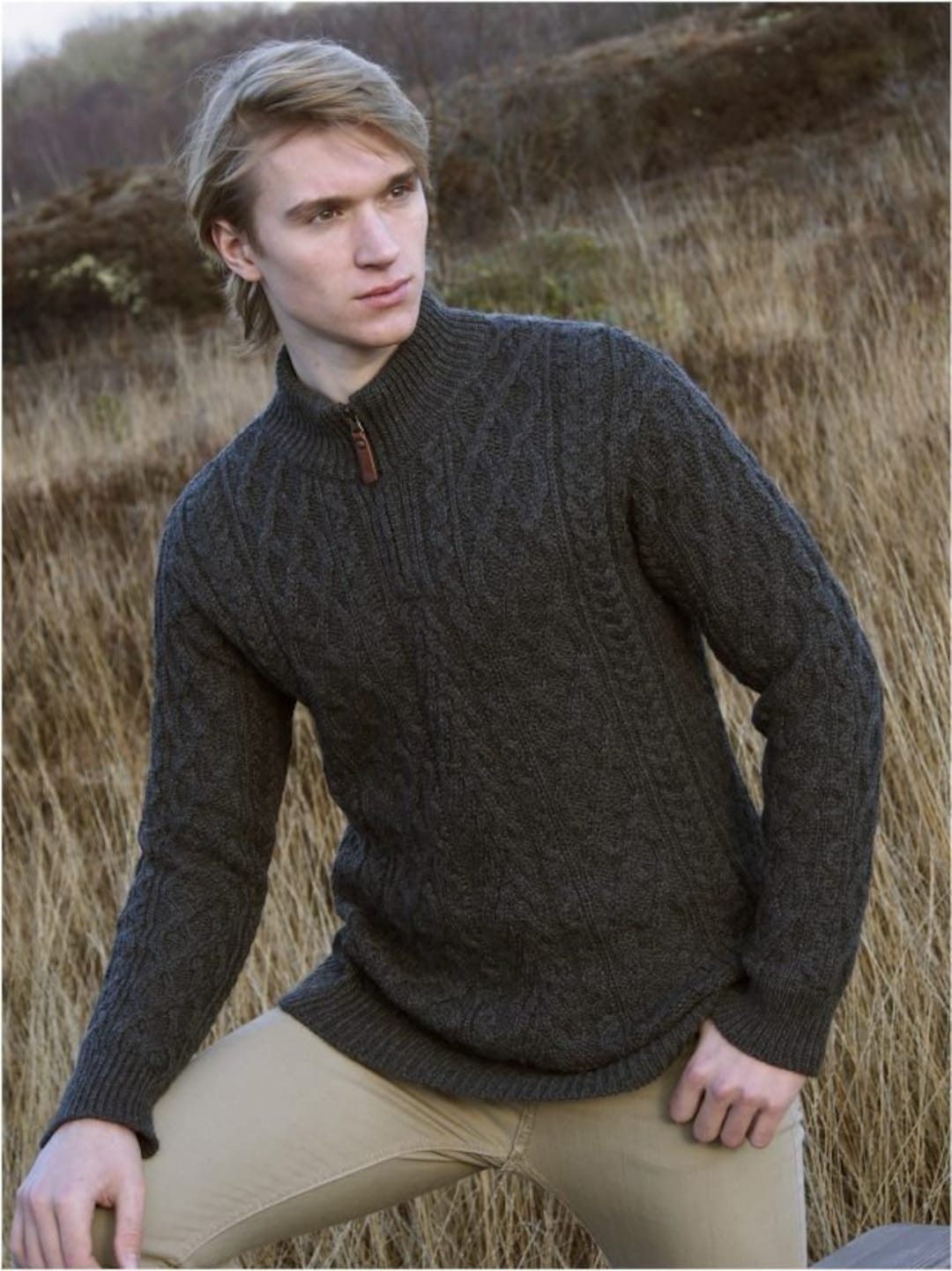 Aran Crafts Damson Zip Neck Sweater Jacket 100% MERINO WOOL Light Grey. 
