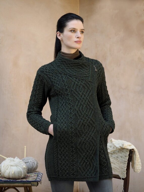 Aran Crafts Green Cable Knit Side Zip Coat 100% MERINOO WOOL!!!