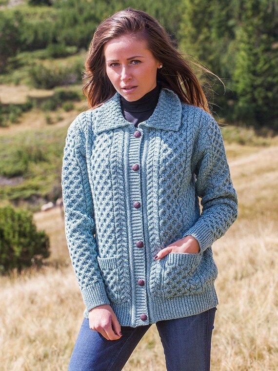 CelticSpirituality Aran Merino Wool Collared Aqua Cardigan - 100% MERINOO Wool