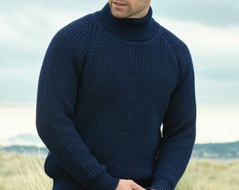 Aran Navy Rib Roll Neck Irish Sweater Certificate of Authenticity!!!!