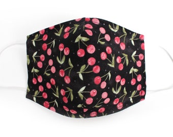 Lightweight 100% Cotton Face Mask w/ Elastic Ear Loops, Face Cover, Cute Cherry Print, 2 Layers, Washable & Reusable, No Pocket, Made in USA