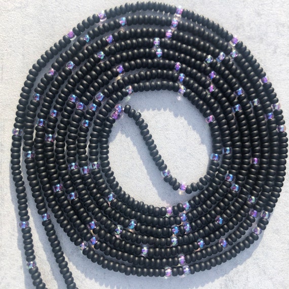 Star Dust Waist Beads - 60 Inch Strand - Black and Purple Iris Tie On Permanent Waist Beads, African Waist Beads, Belly Beads
