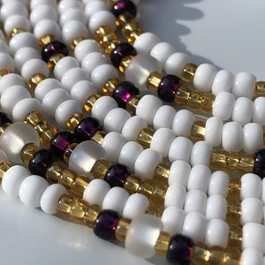An Air of Magnificence Waist Beads - 60 Inch Strand - White, Gold, and Deep Purple Tie On Waist Beads, African Waist Beads, Waist Beads