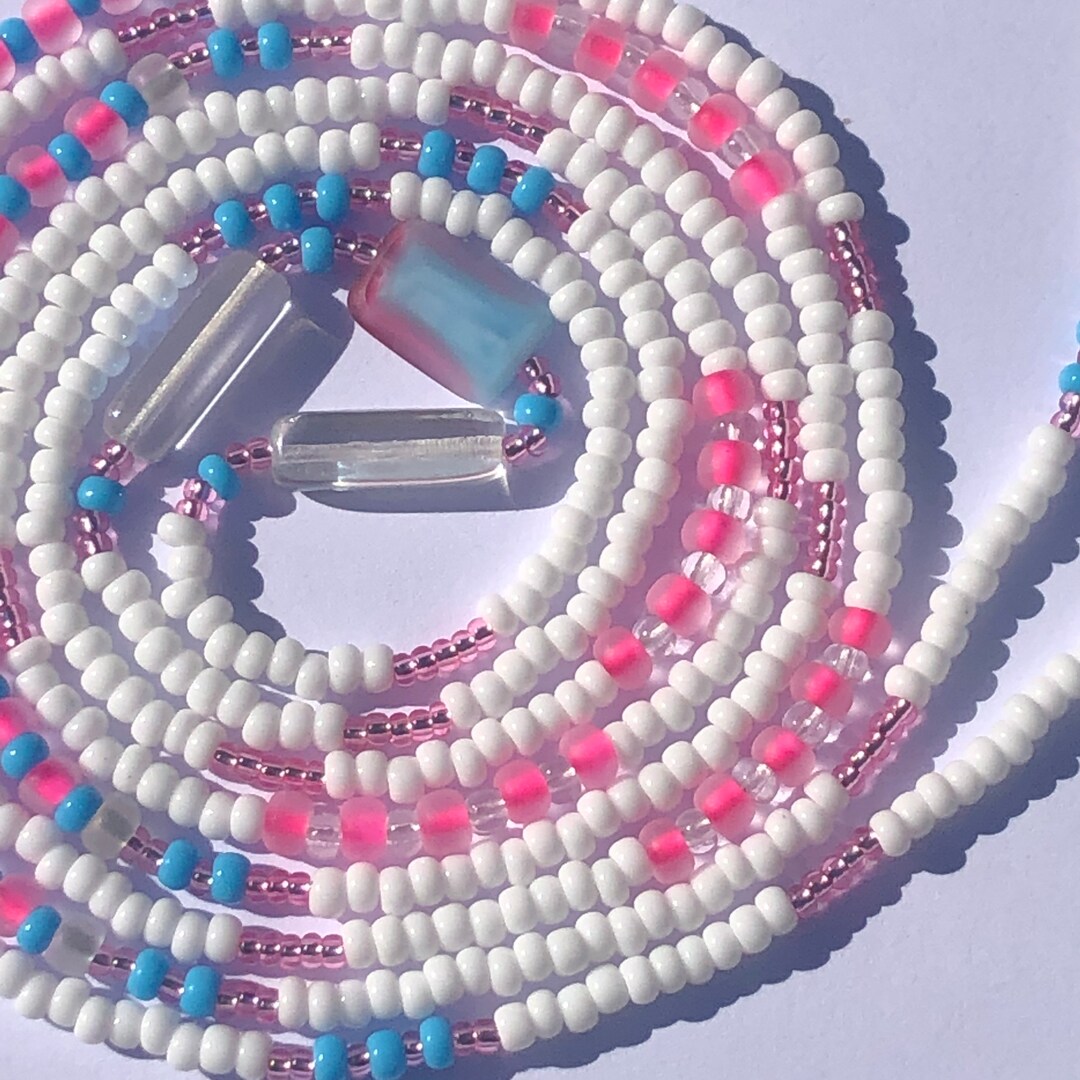 Limitless Waist Beads 60 Inch Strand White, Blue, Clear & Hot Pink Tie
