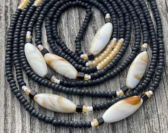 Climb Waist Beads - 60 Inch Strand - Black, Brown, White and Gold Tie On Waist Beads, African Waist Beads, Weight Loss Waist Beads