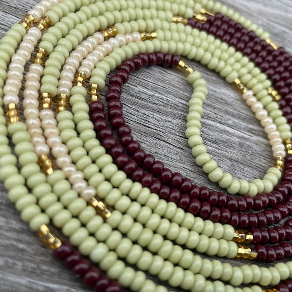Earthen Waist Beads - 60 Inch Strand - Brown, Green, Cream and Gold Tie On Waist Beads, African Waist Beads, Weight Loss Waist Beads