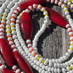 Of Heart and Fire Waist Beads - 60 Inch Strand - White, Red, Orange, Yellow and Silver Tie On Waist Beads, African Waist Beads, Belly Chain