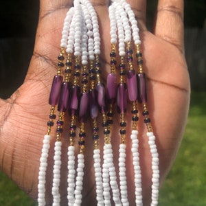 Renewal Waist Beads - 60 Inch Strand - White, Gold, and Purple Tie On Permanent Waist Beads, African Waist Beads, Weight Loss Waist Beads