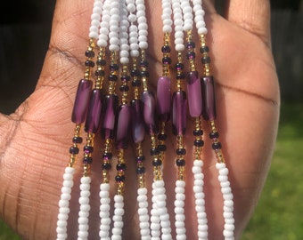 Renewal Waist Beads - 60 Inch Strand - White, Gold, and Purple Tie On Permanent Waist Beads, African Waist Beads, Weight Loss Waist Beads
