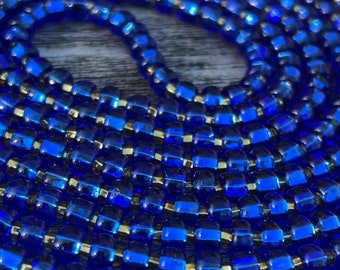 The Blueprint Waist Beads - 56 Inch Strand - Blue and Gold Tie On Waist Beads, African Waist Beads, Weight Loss Waist Beads, Belly Chain