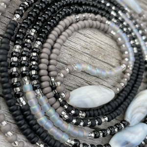 Aligned Waist Beads - 60 Inch Strand - White, Black, Gray and Silver Tie On Permanent Waist Beads, African Waist Beads, Weight Loss Waist