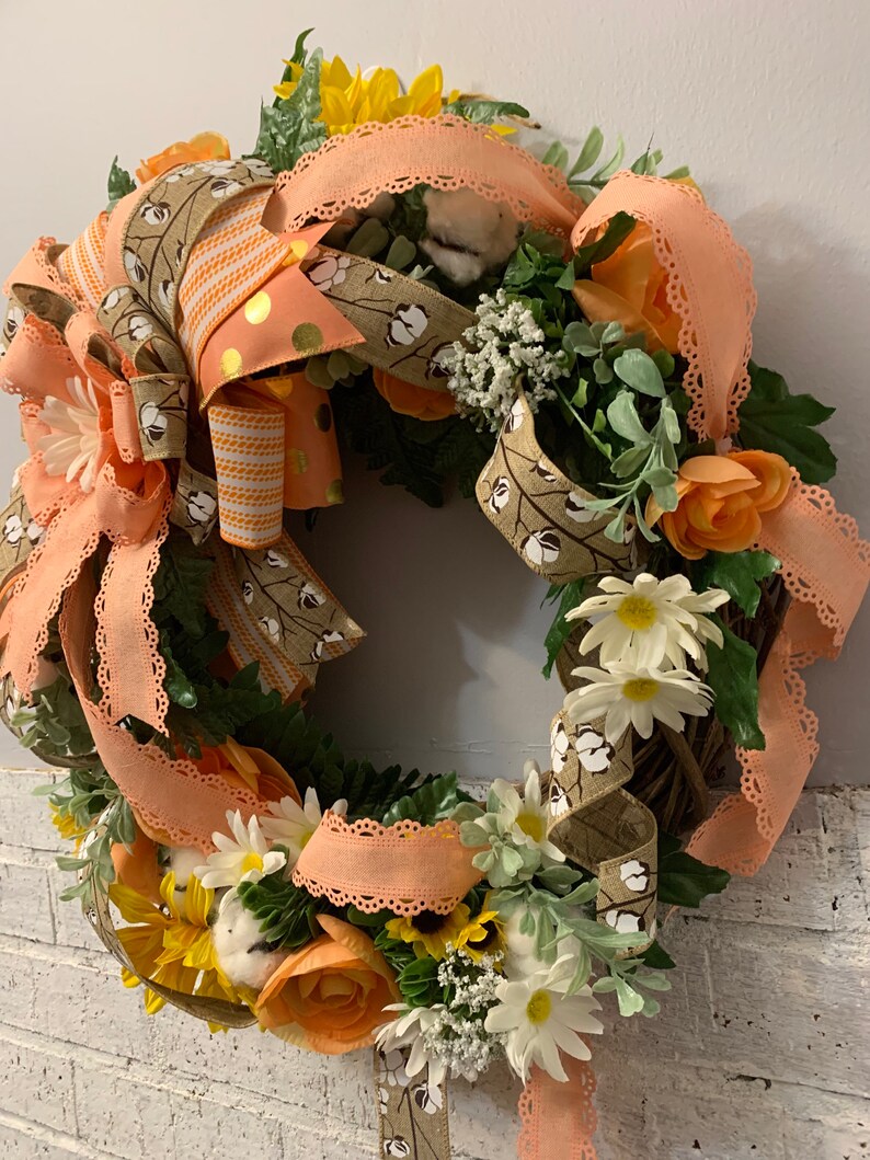 Orange Ranunculus and an XL handmade Bow Yellow Sunflowers White Daisies Peach Grapevine Wreath wFaux Cotton