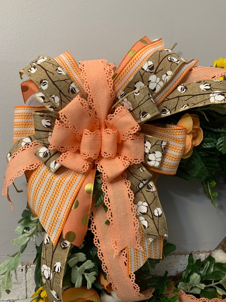 Orange Ranunculus and an XL handmade Bow Yellow Sunflowers White Daisies Peach Grapevine Wreath wFaux Cotton