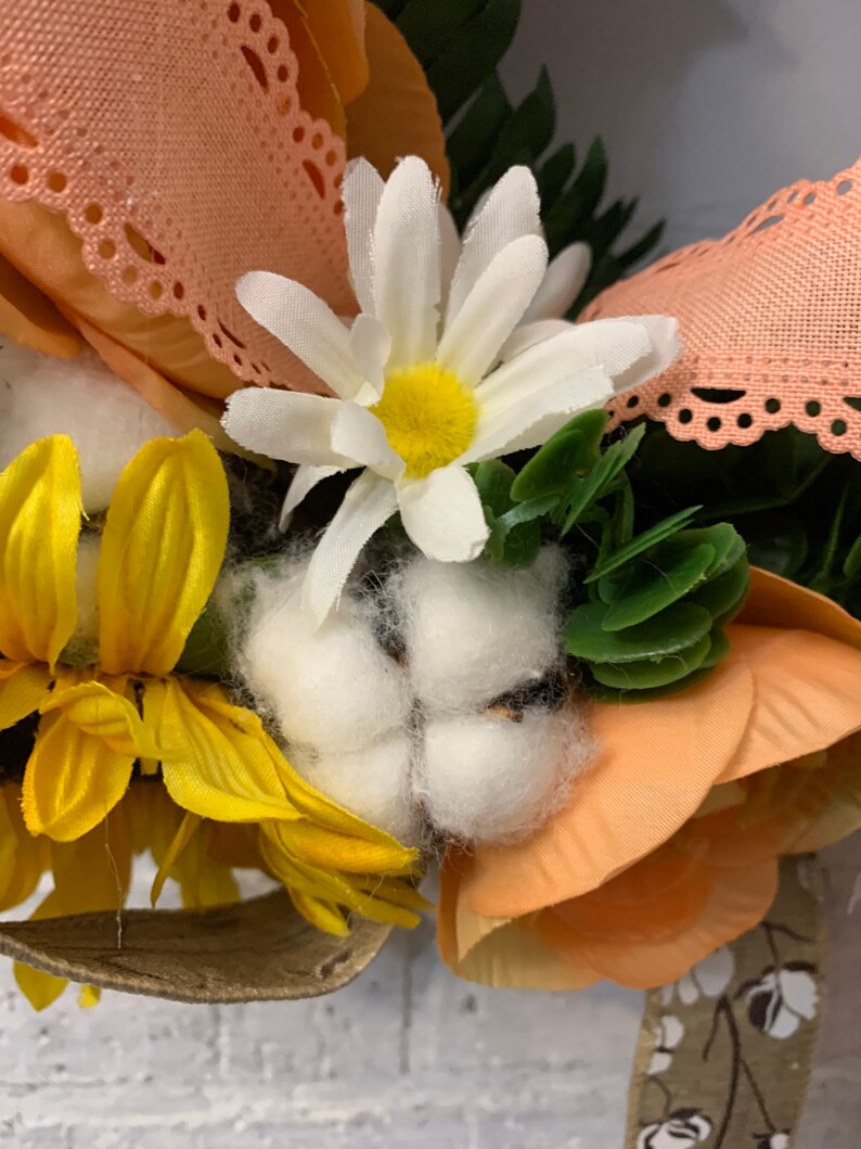 Orange Ranunculus and an XL handmade Bow Yellow Sunflowers White Daisies Peach Grapevine Wreath wFaux Cotton